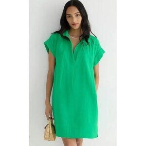 J.CREW Sz. M Petite Kelly Green V-Neck Shirt Dress in Soft Gauze